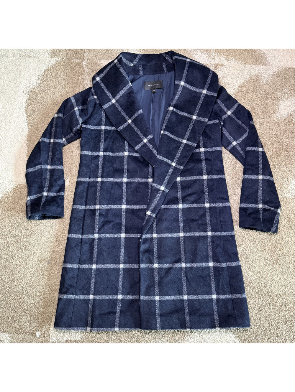 Ann Taylor Tartan Plaid Wrap Coat XS Navy White Wool Blend Long Trench Jacket